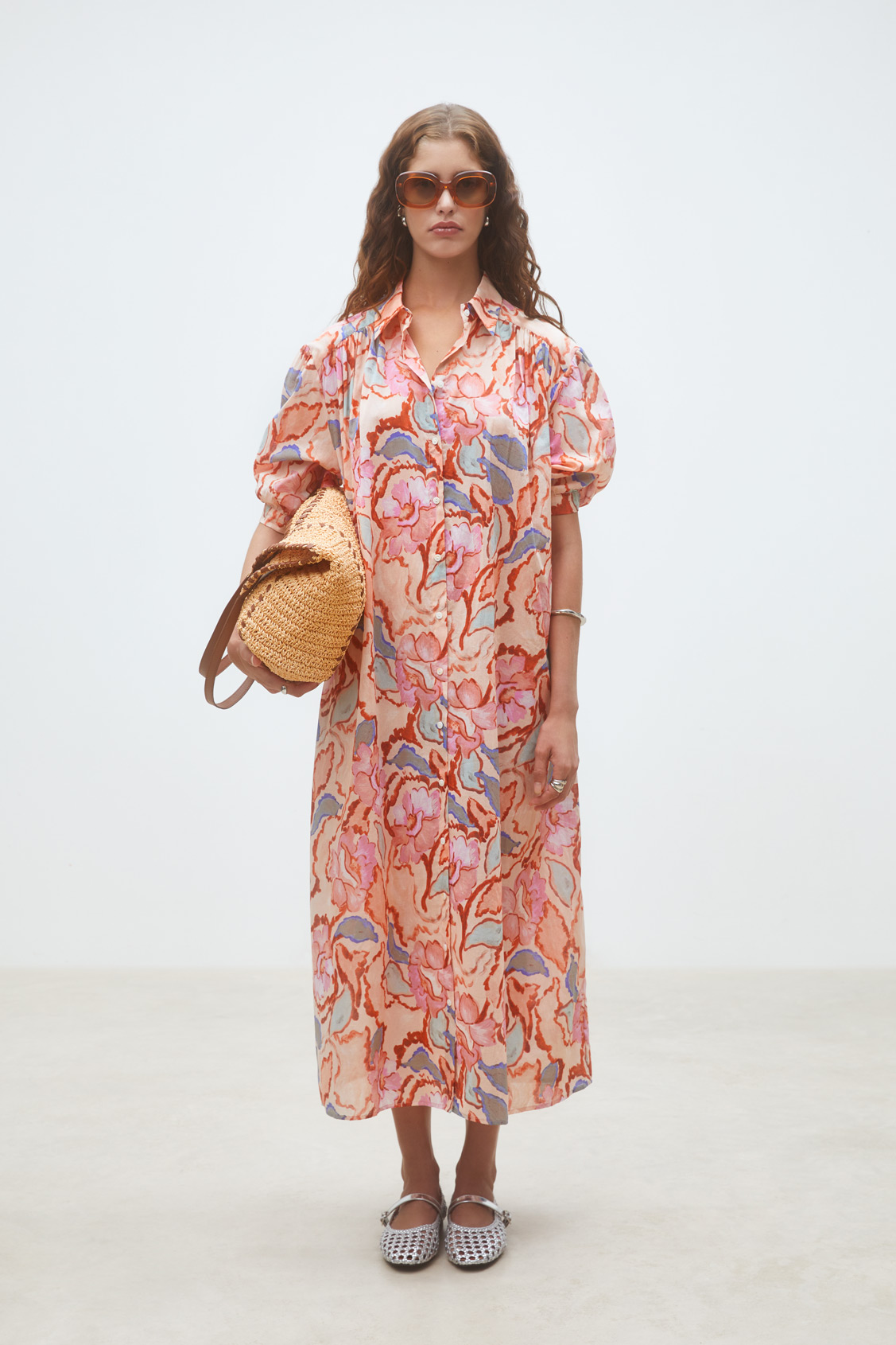 Cadix Long shirt dress with floral print BLUSH