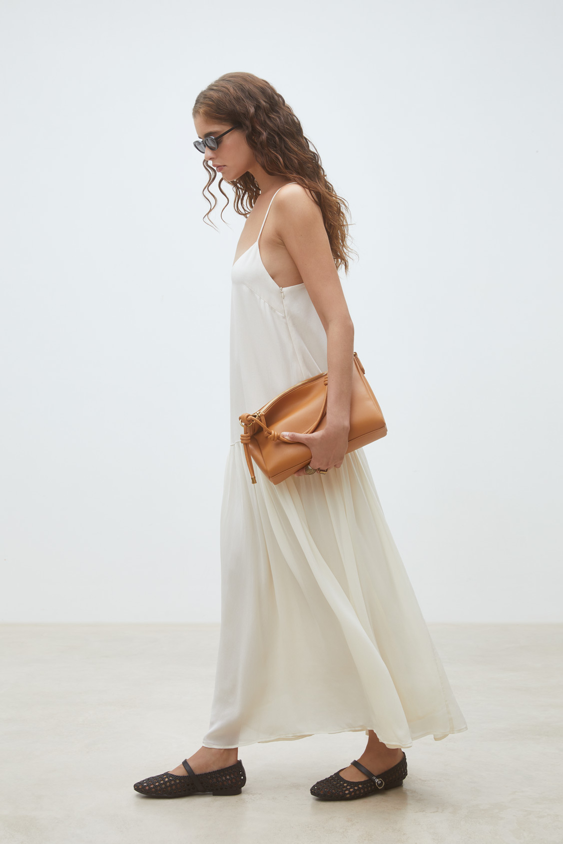 Carlota Long flowing plain dress with straps CREAM