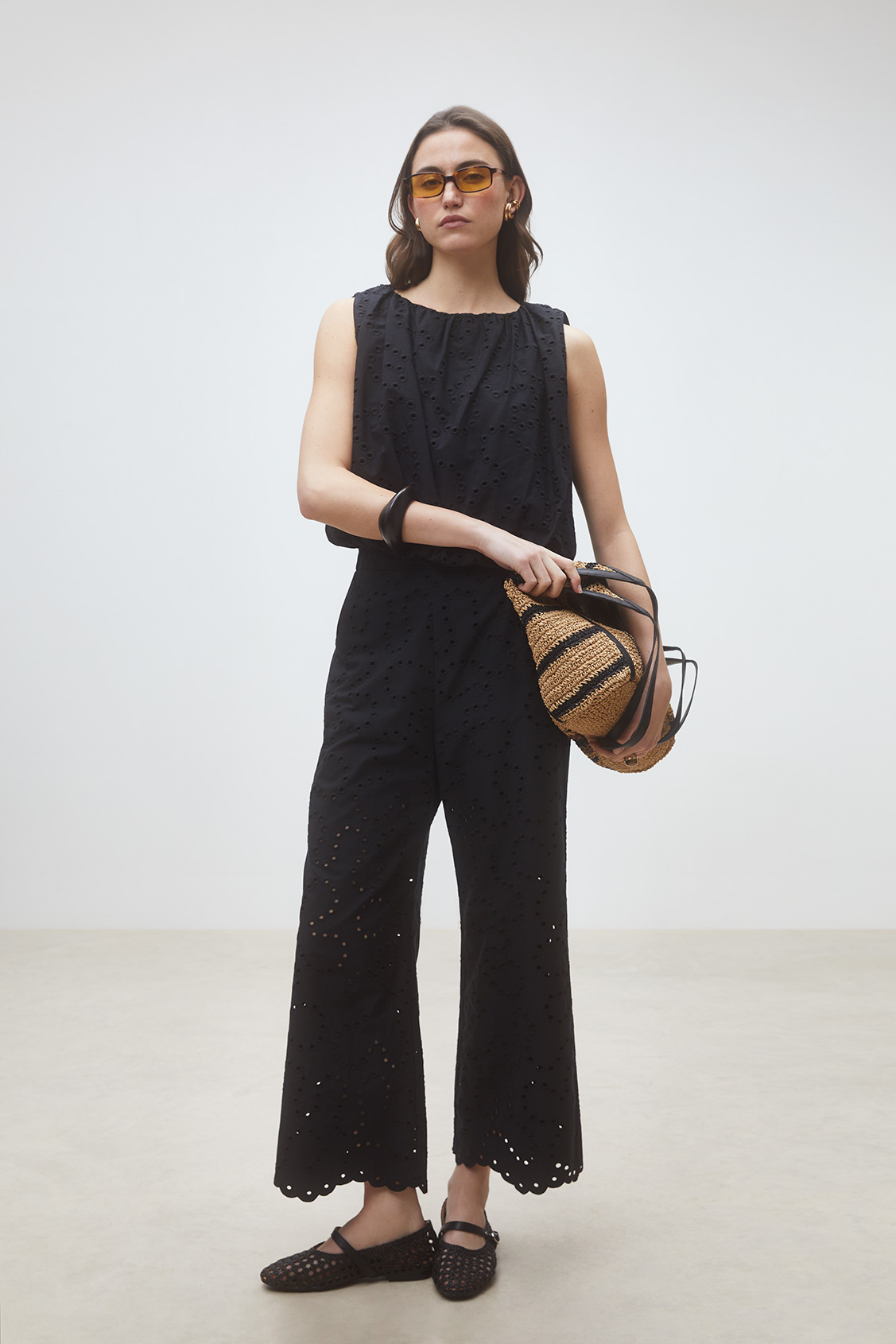 Jane Pants with geometric english embroideries BLACK