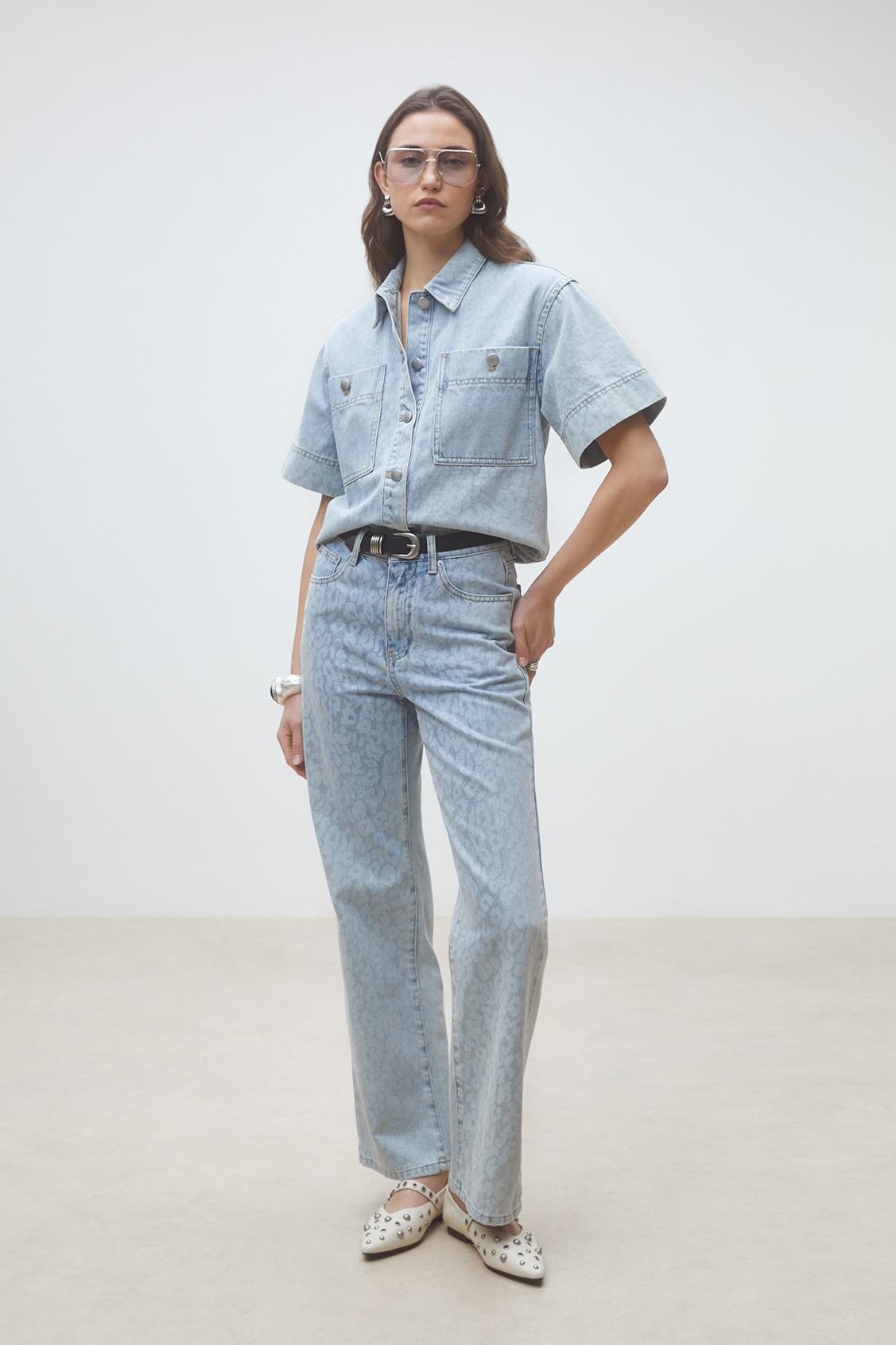 Ladji Leopard print denim blouse Light jeans