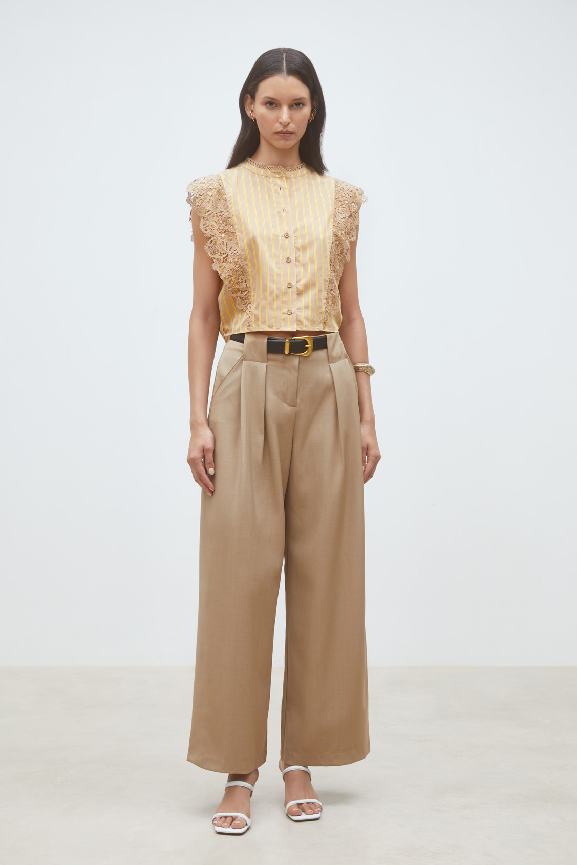 Lazur Striped top with guipure lace CAMEL