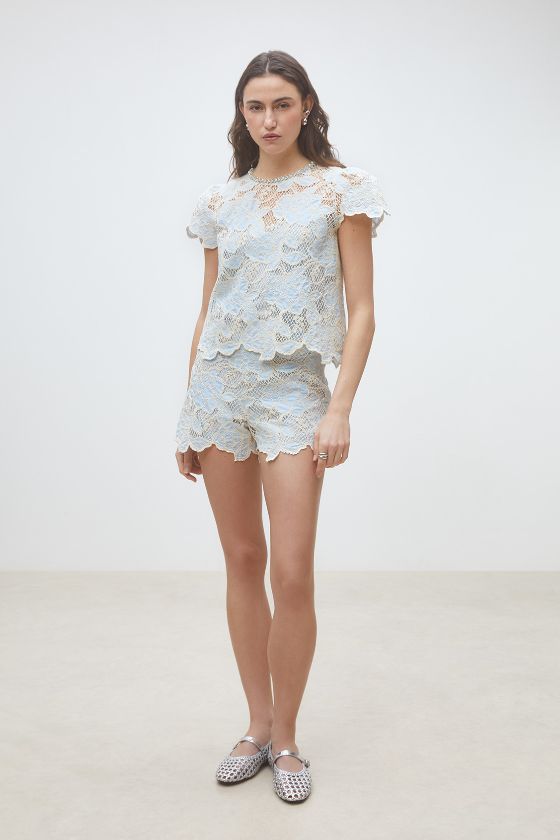 Lexy Short two-tone guipure blouse SKY BLUE