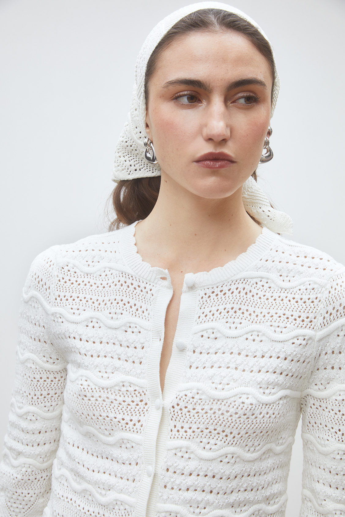 Ganach Fancy openwork knit cardigan OFF-WHITE
