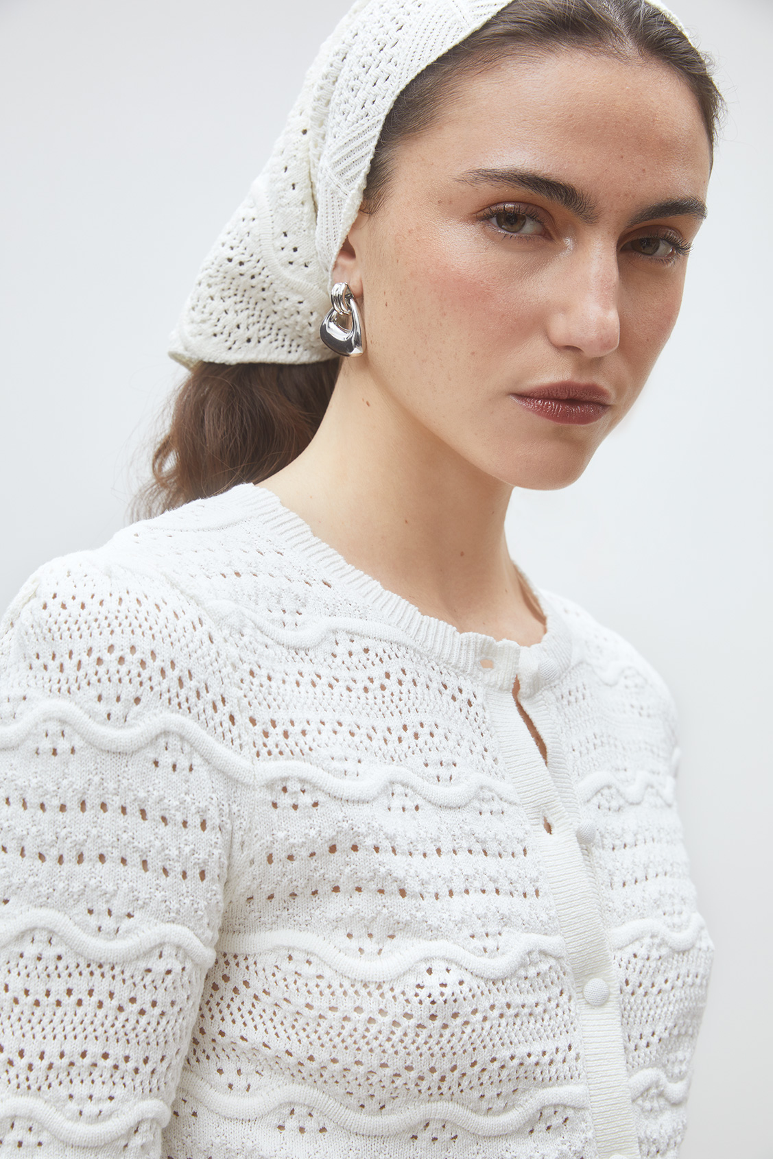 Ganach Fancy openwork knit cardigan OFF-WHITE