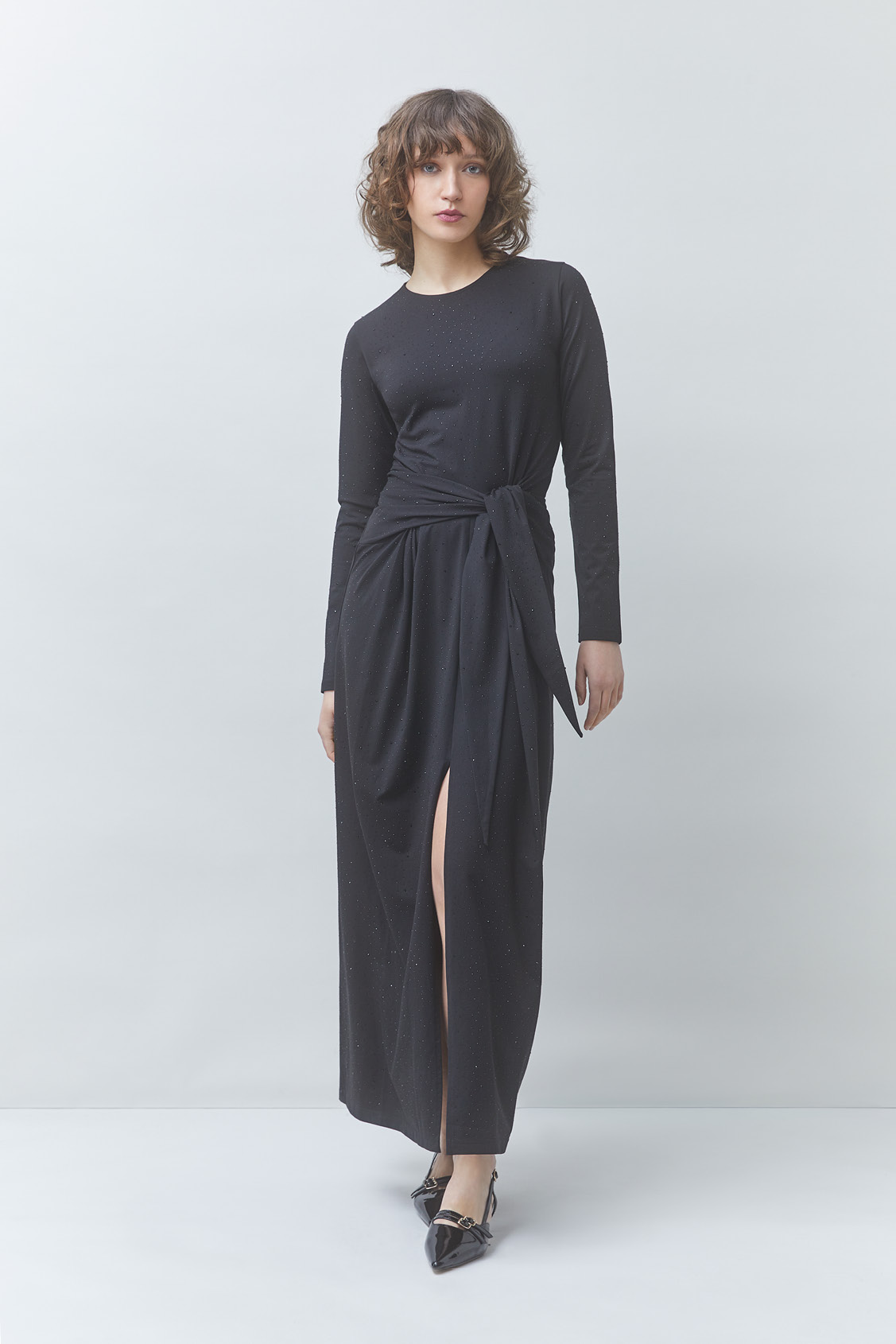 COMETE Long draped dress with rhinestone details BLACK