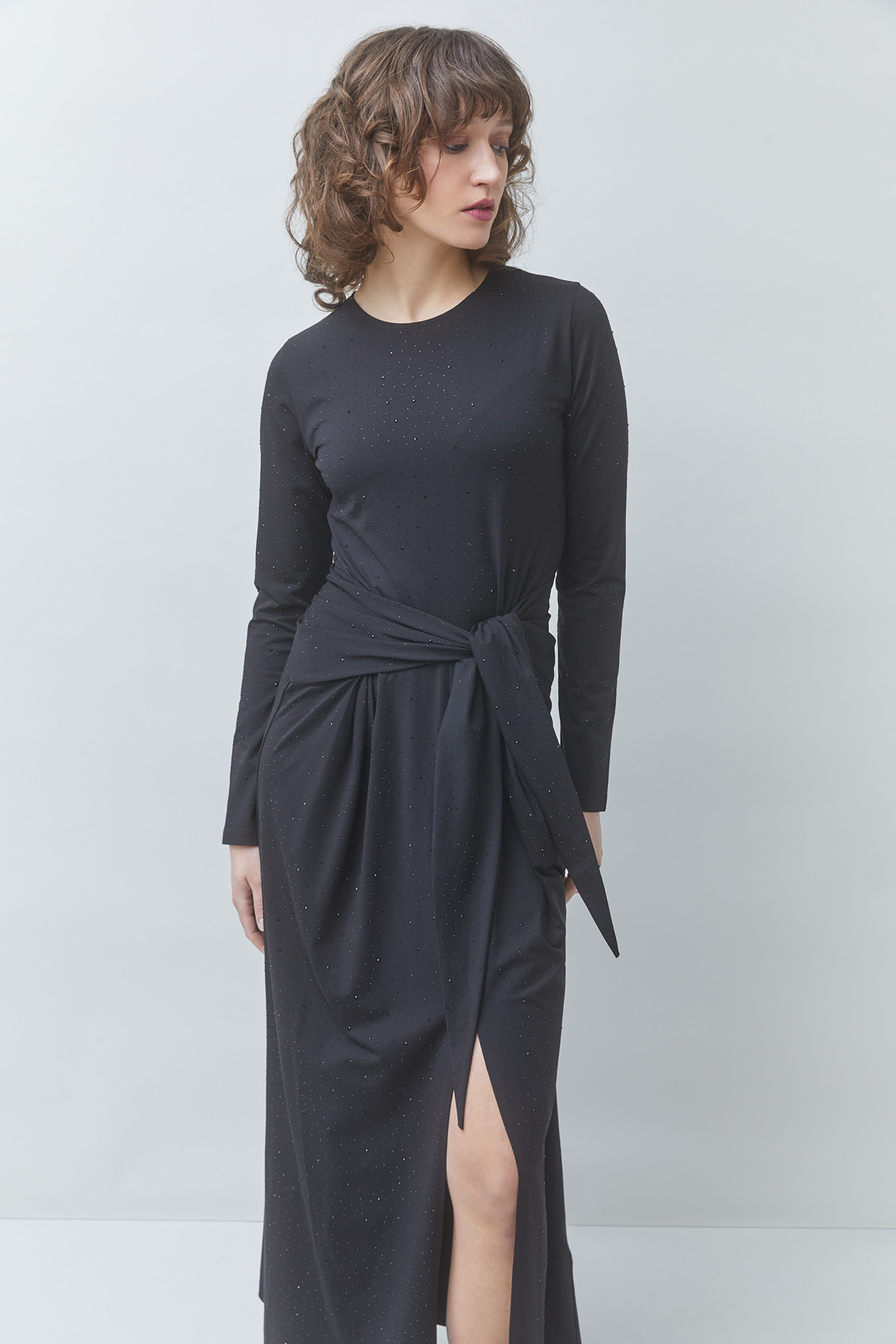 COMETE Long draped dress with rhinestone details BLACK