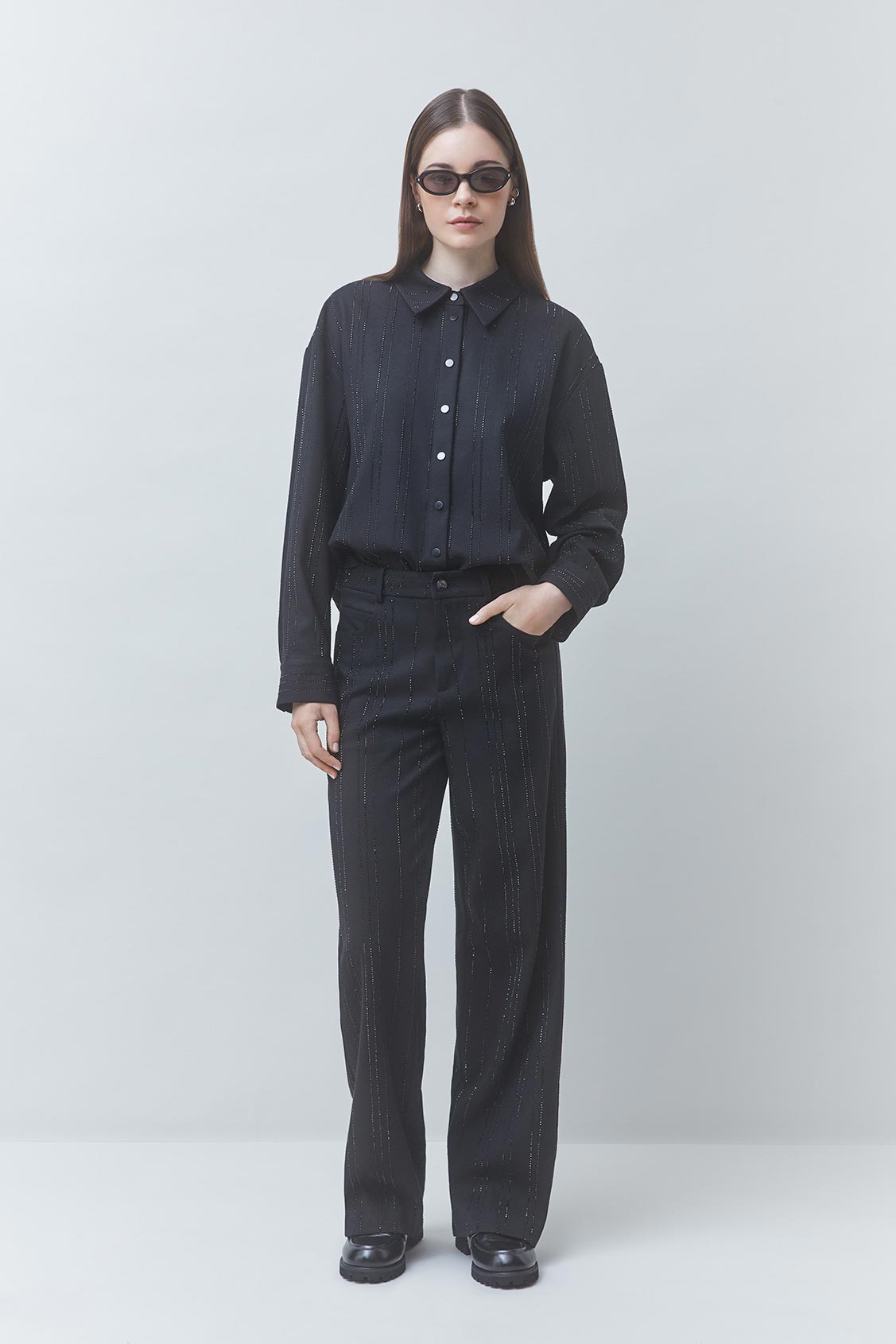 JAY Wide-leg pantss with rhinestone details BLACK