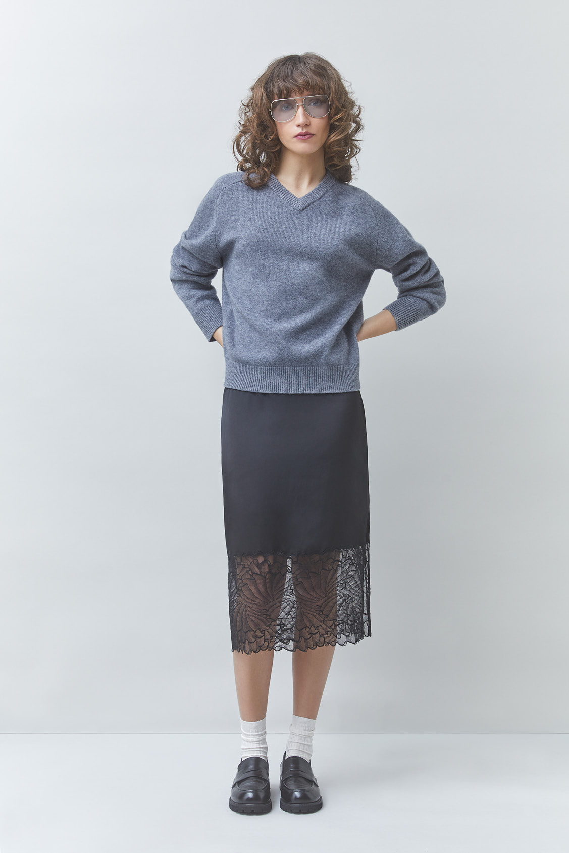 FACE Midi skirt in satin and lace BLACK