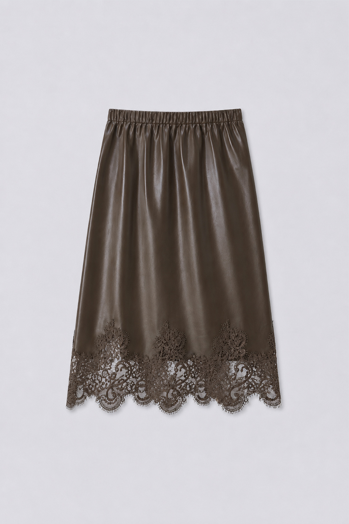 FLOW Khaki faux leather skirt with lace details Khaki