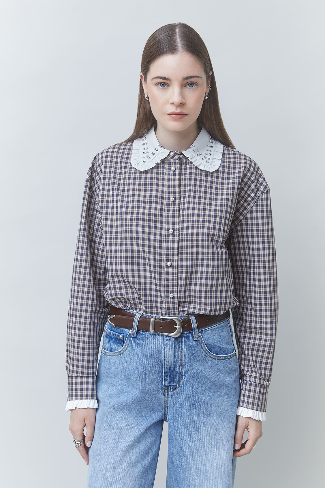LARS Short-sleeved checked shirt with the beaded details Chocolate