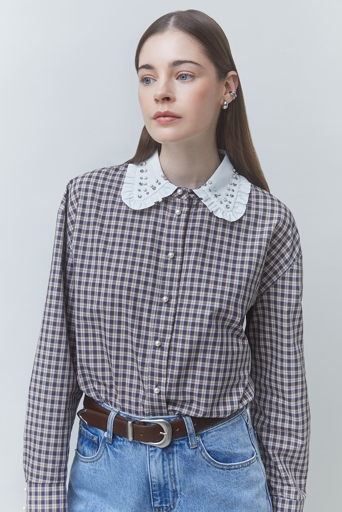 LARS Short-sleeved checked shirt with the beaded details Chocolate
