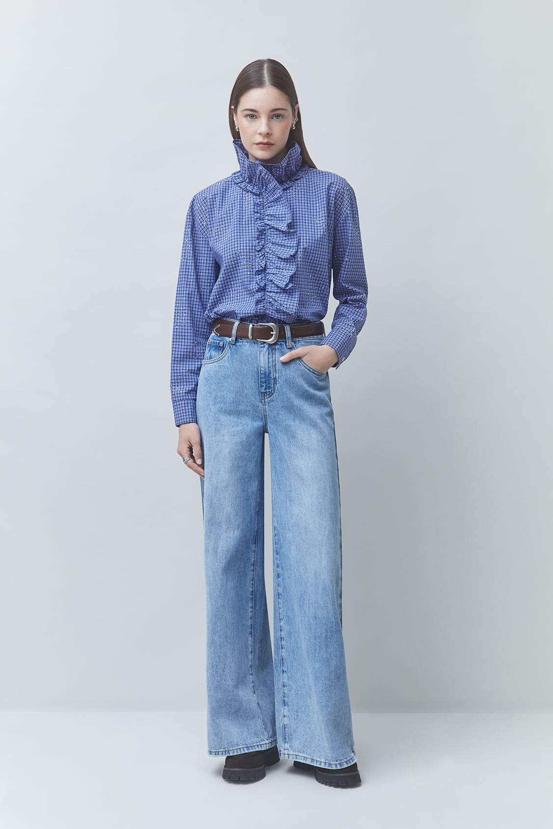 LYES Victorian-style checked shirt with rhinestones BLUE