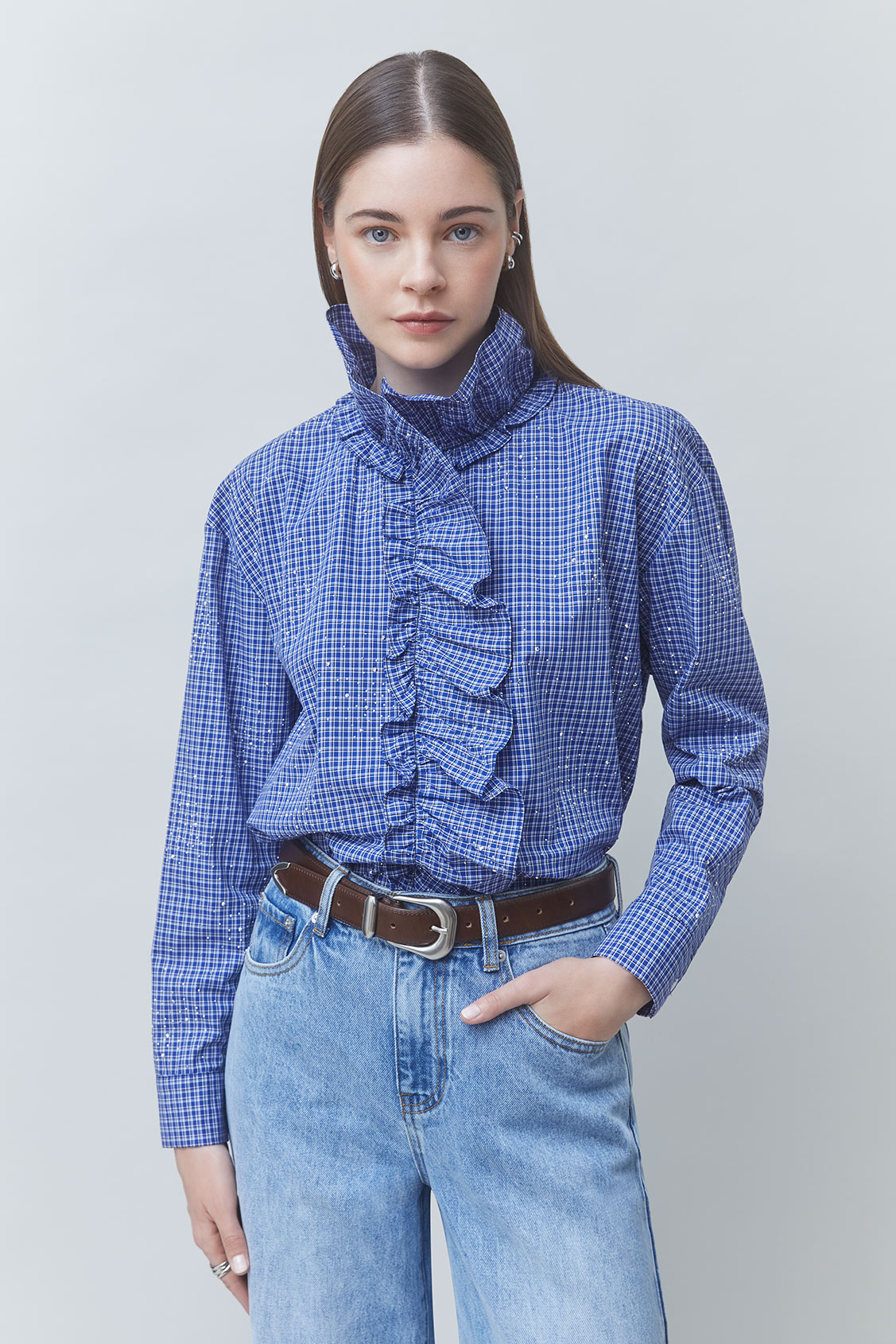 LYES Victorian-style checked shirt with rhinestones BLUE