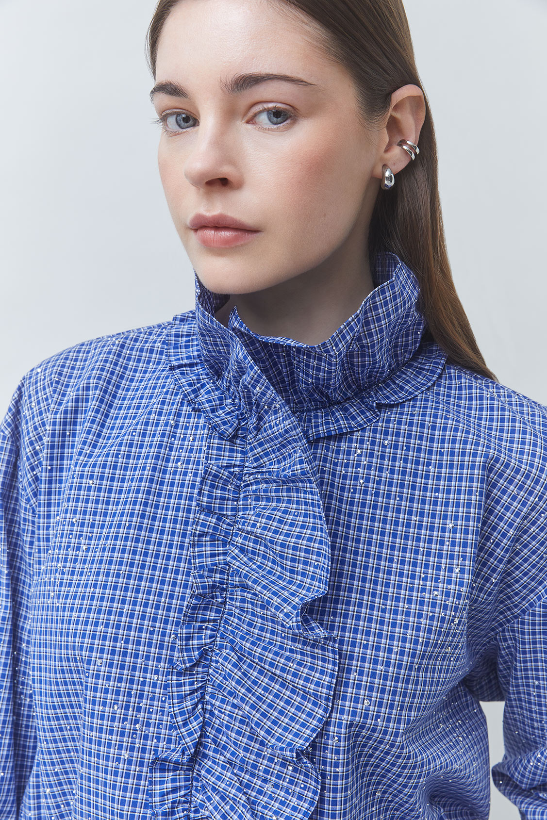 LYES Victorian-style checked shirt with rhinestones BLUE