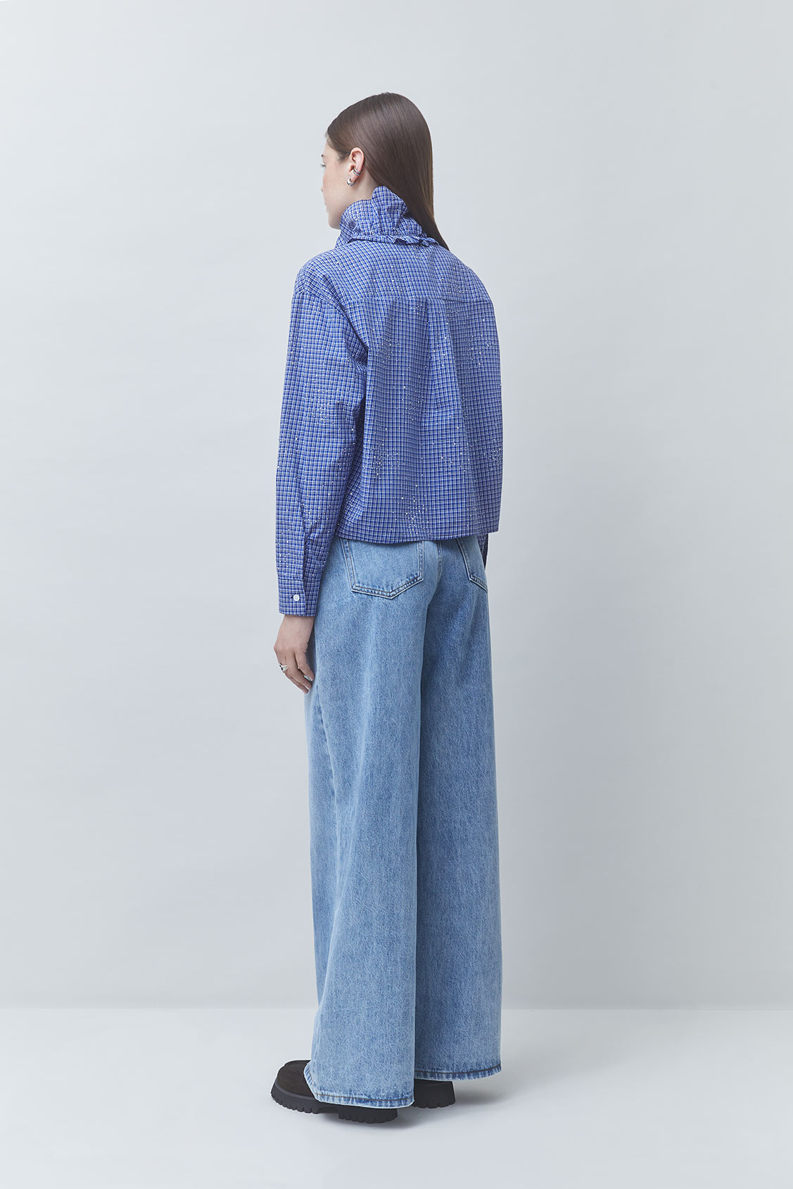 LYES Victorian-style checked shirt with rhinestones BLUE