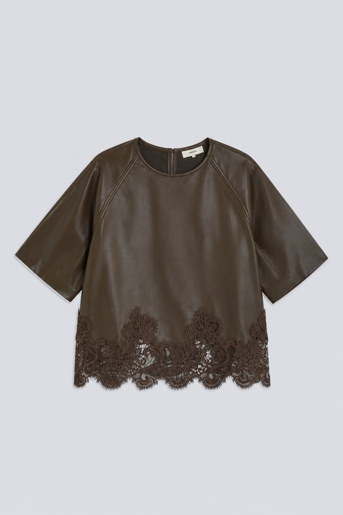 LONDON Khaki faux leather blouse with lace details Khaki