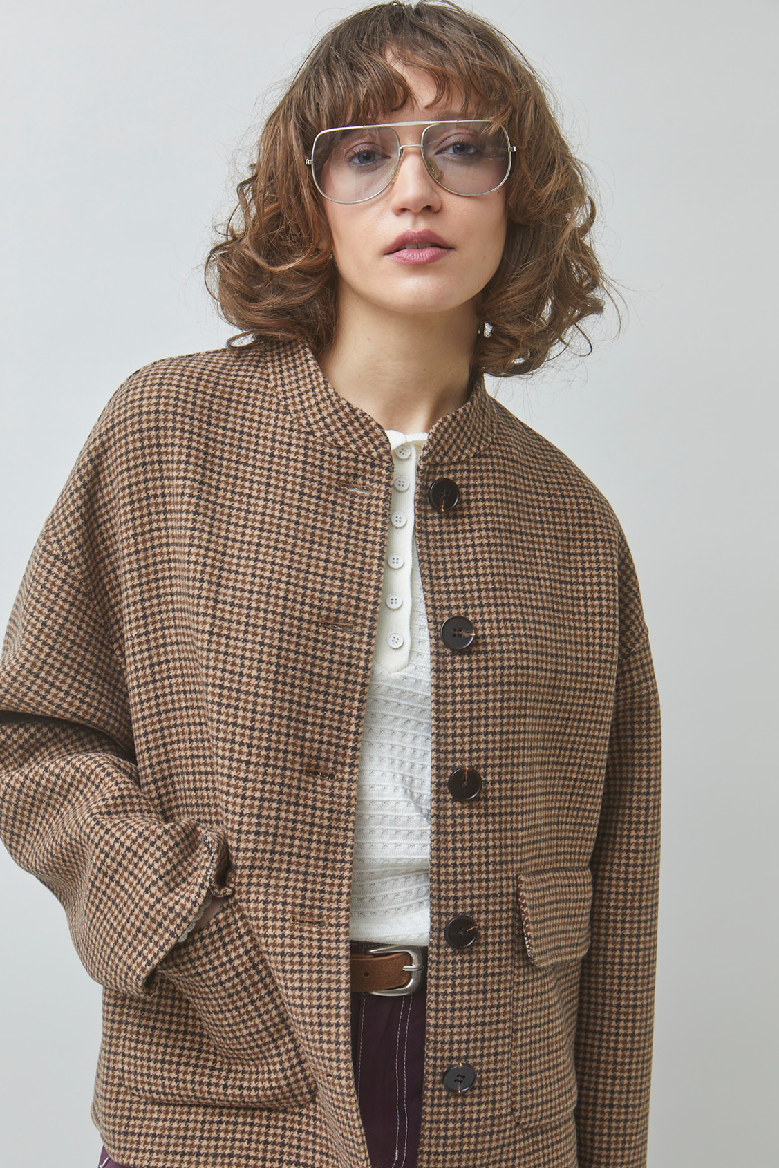 EARTH Short checked coat Chocolate