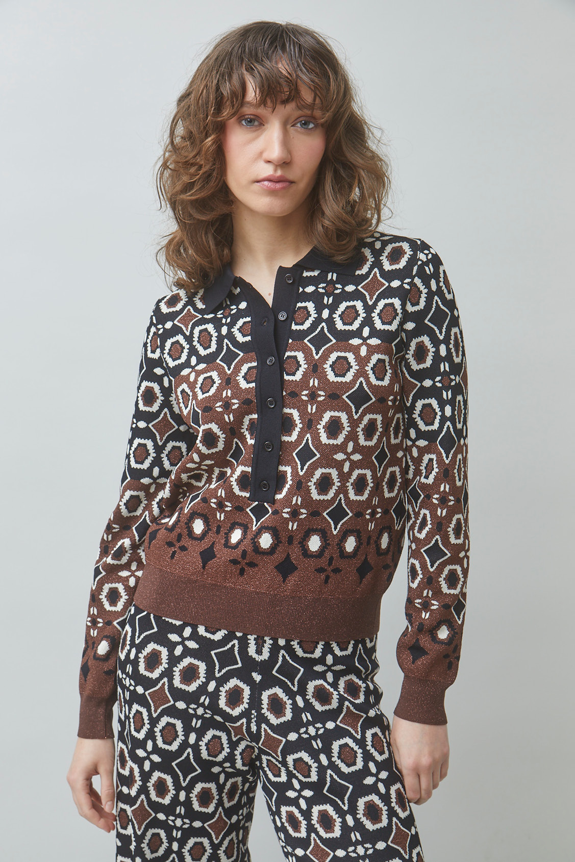 PALMAROS Fancy jacquard polo jumper BLACK
