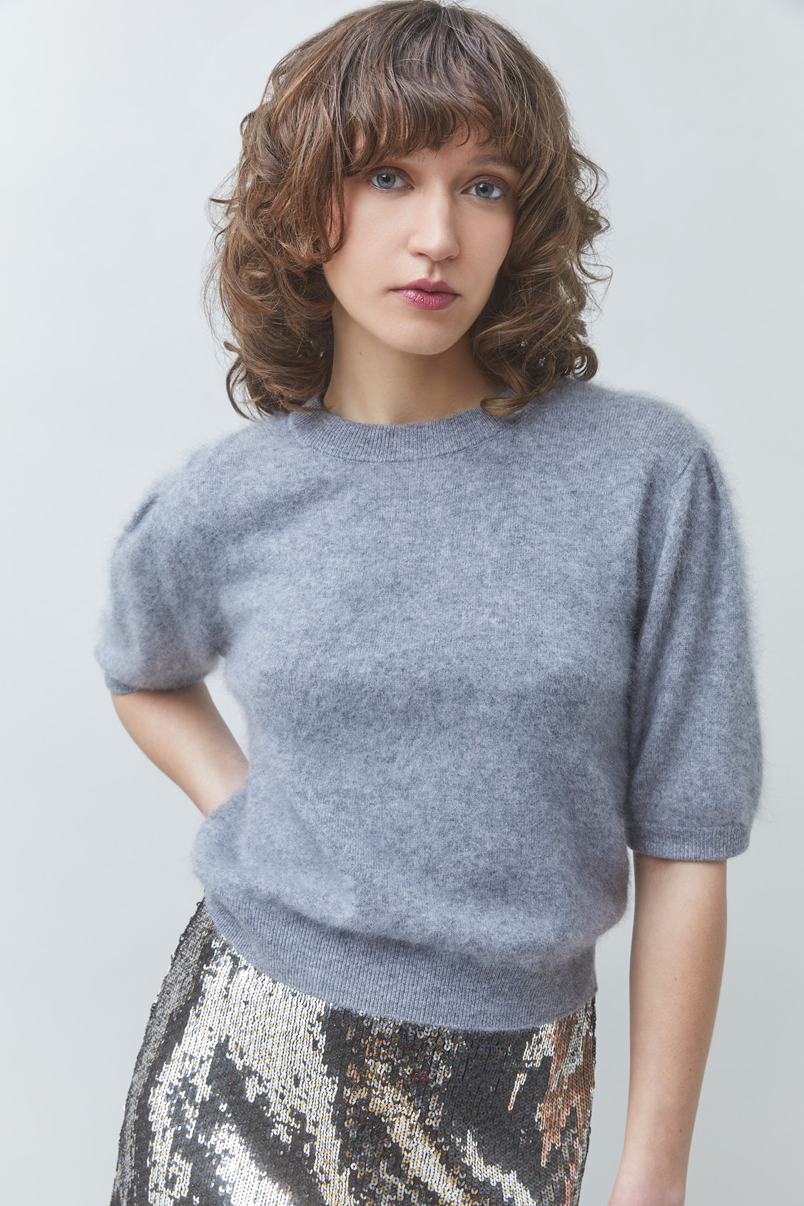 POLOV Short plain wool and cashmere jumper Heather grey