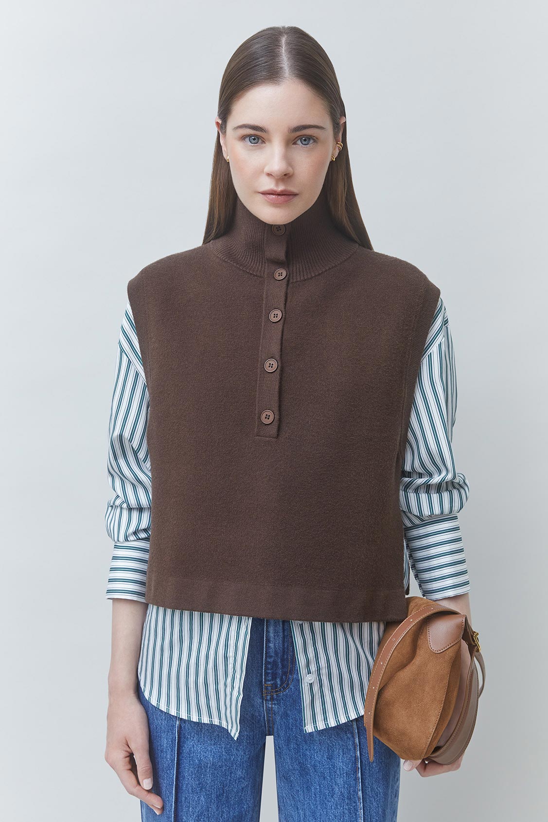 PACOMI Short, button-up sleeveless jumper Coffee