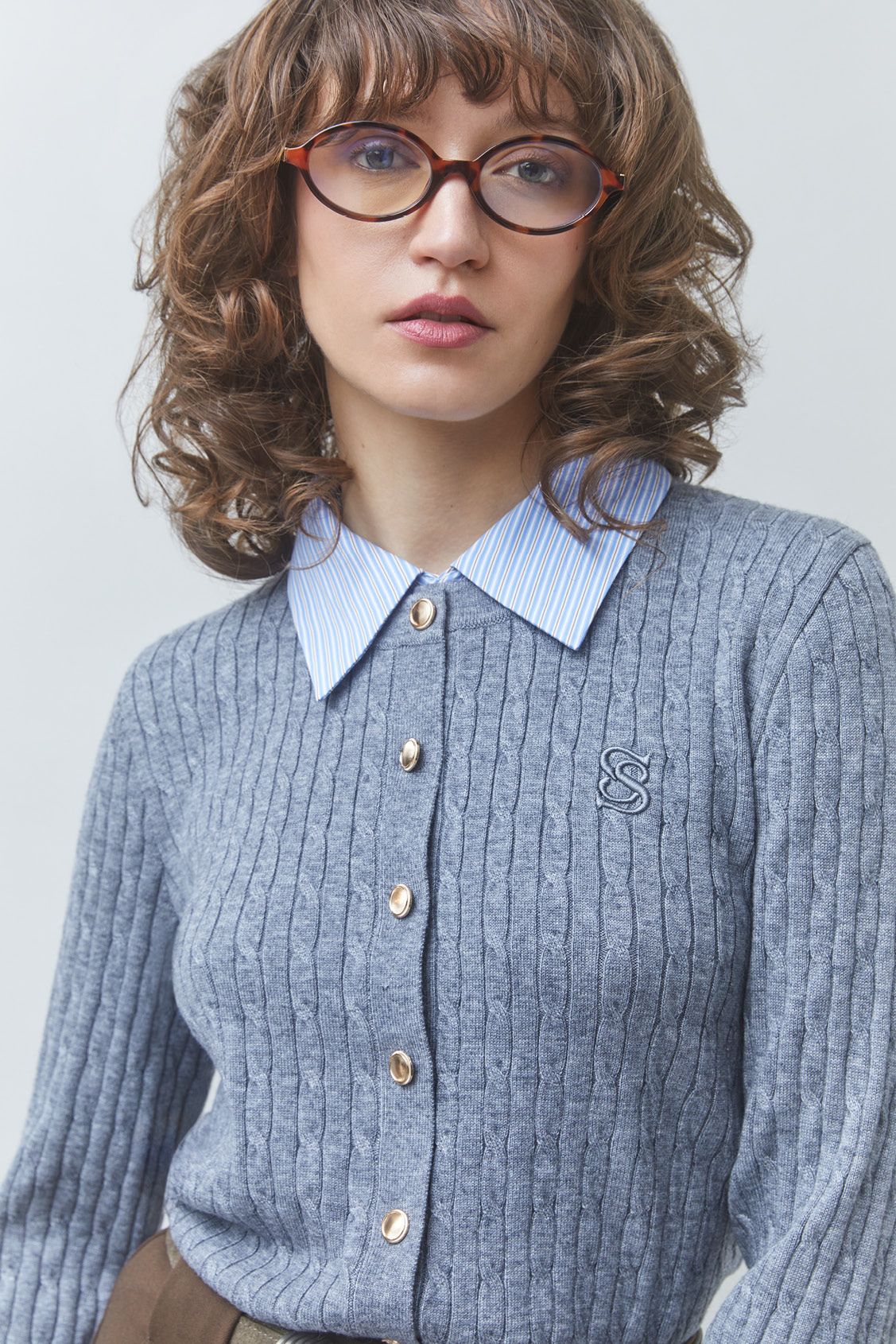 GASTI Two-tone cable-knit cardigan Heather grey