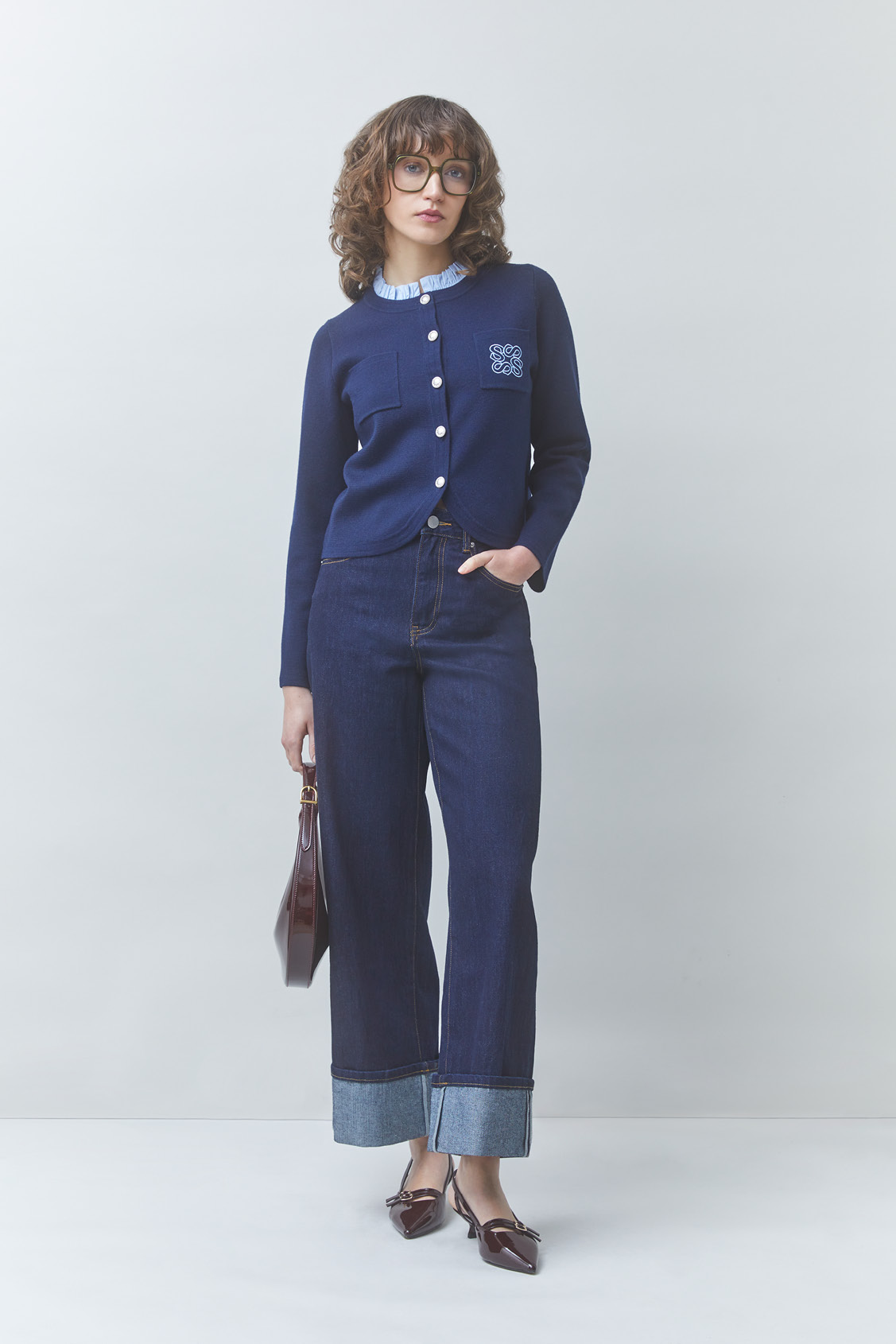 GEOLA Two-tone embroidered fancy cardigan DEEP BLUE