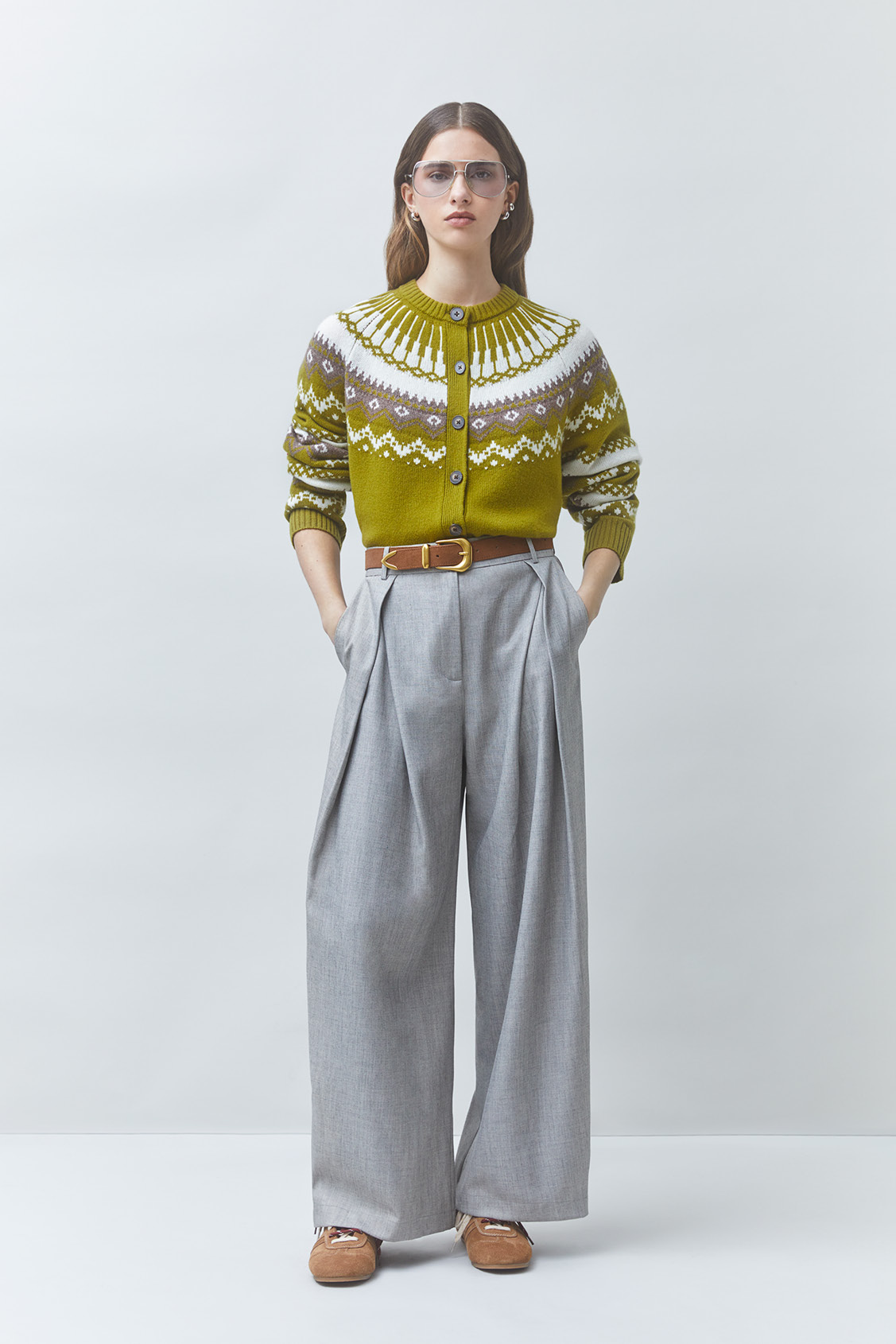 GAMORI Wool jacquard cardigan OLIVE GREEN