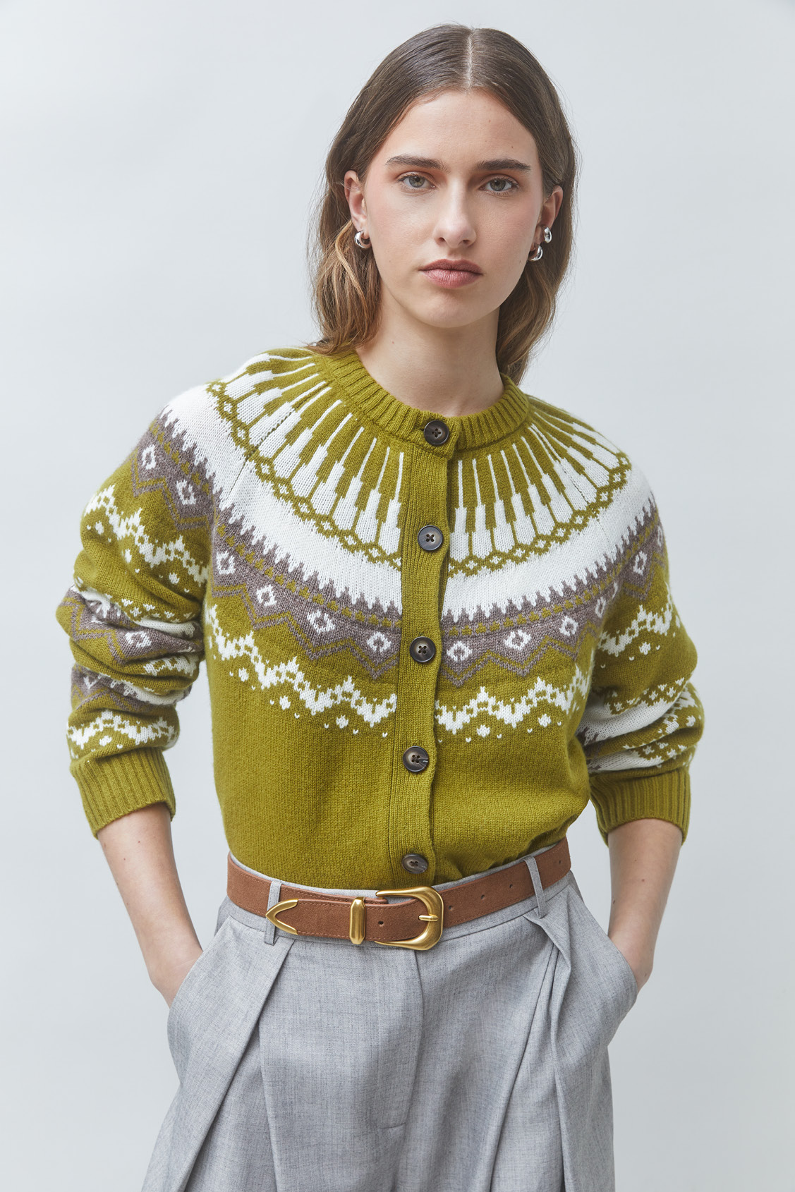 GAMORI Wool jacquard cardigan OLIVE GREEN