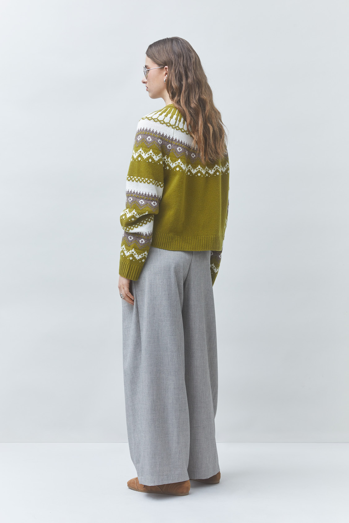 GAMORI Wool jacquard cardigan OLIVE GREEN