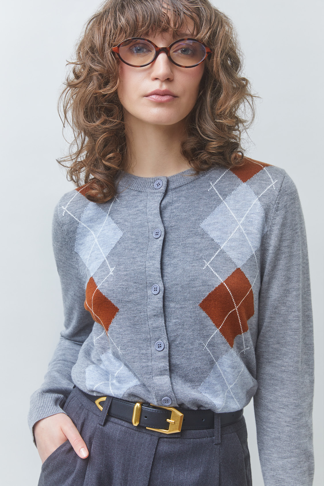 GISCA Wool cardigan with diamond pattern Heather grey