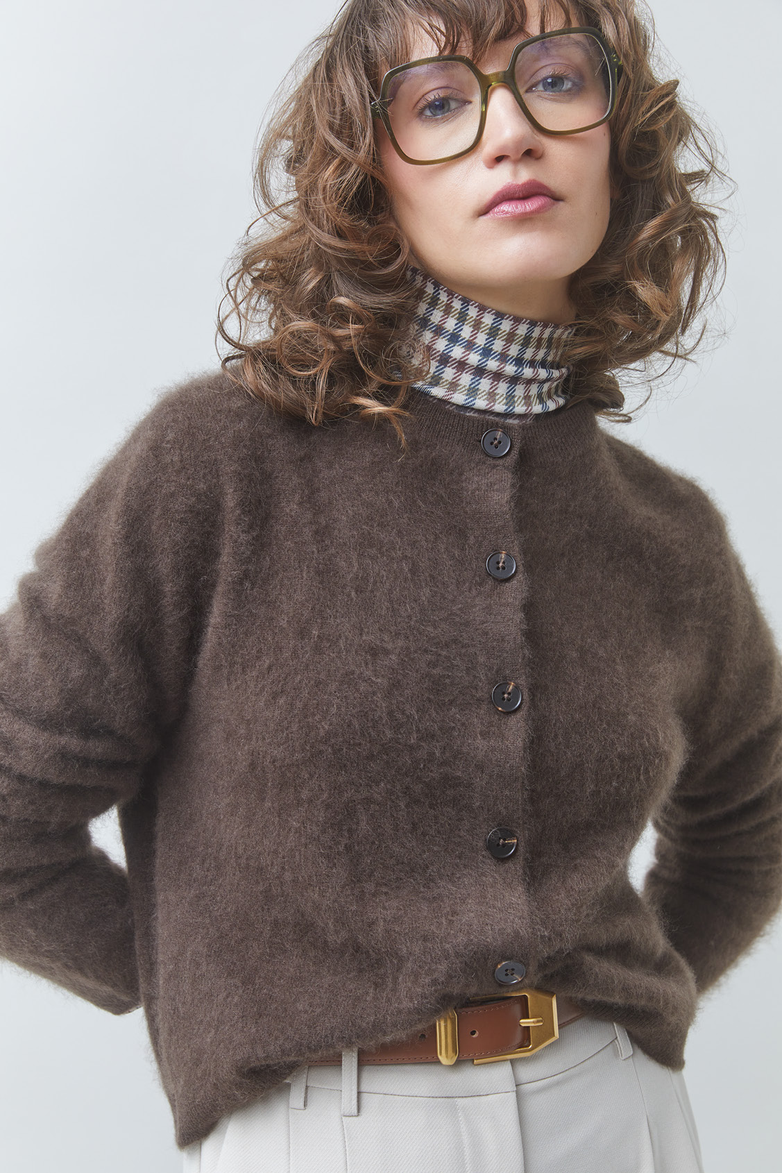 GALINA Plain coffee woollen cardigan Coffee