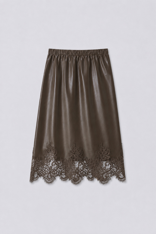 FLOW Khaki faux leather skirt with lace details