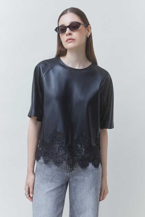 LONDON Black faux leather blouse with lace details