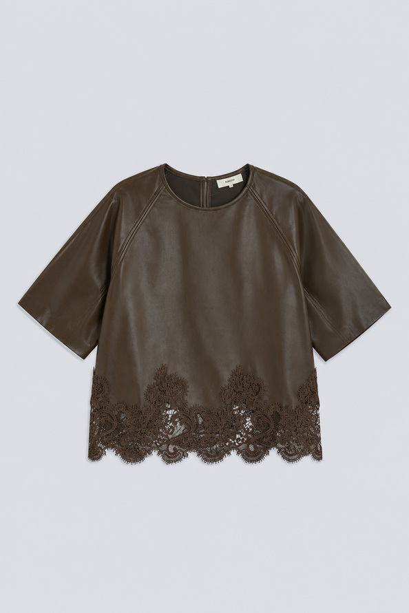 LONDON Khaki faux leather blouse with lace details